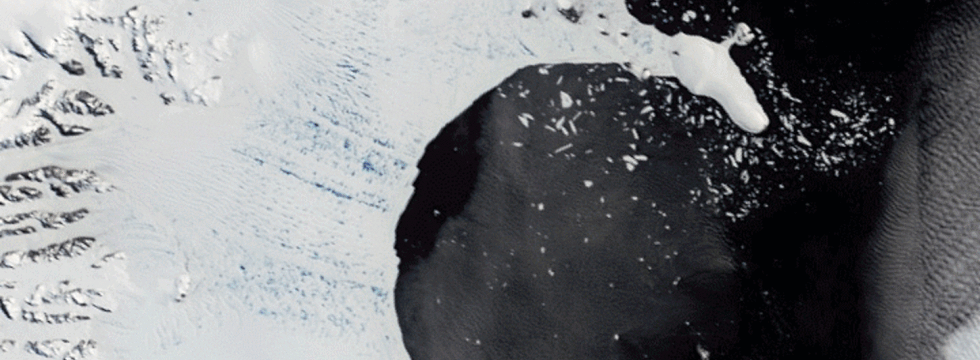 Serie de fotografías de satélite del colapso de la barrera de hielo Larsen C entre junio y abril de 2002.