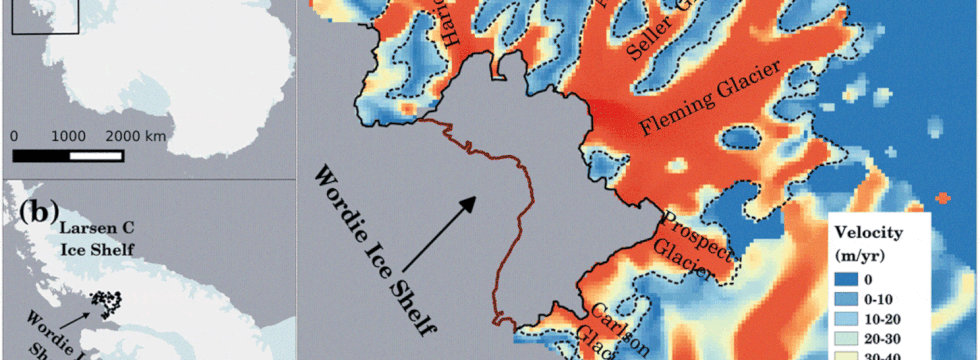 Localización de la barrera Larsen C y de la barrera Wordie y el sistema glaciar Fleming con las posiciones de los frentes de hielo desde 1947 hasta 2016.