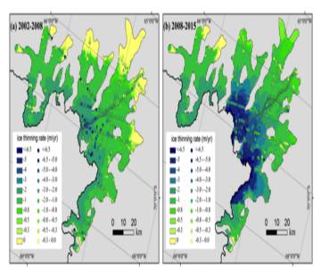Tasa de adelgazamiento de la región del glaciar Fleming entre (a) 2002-2008 y (b) 2008-2015.